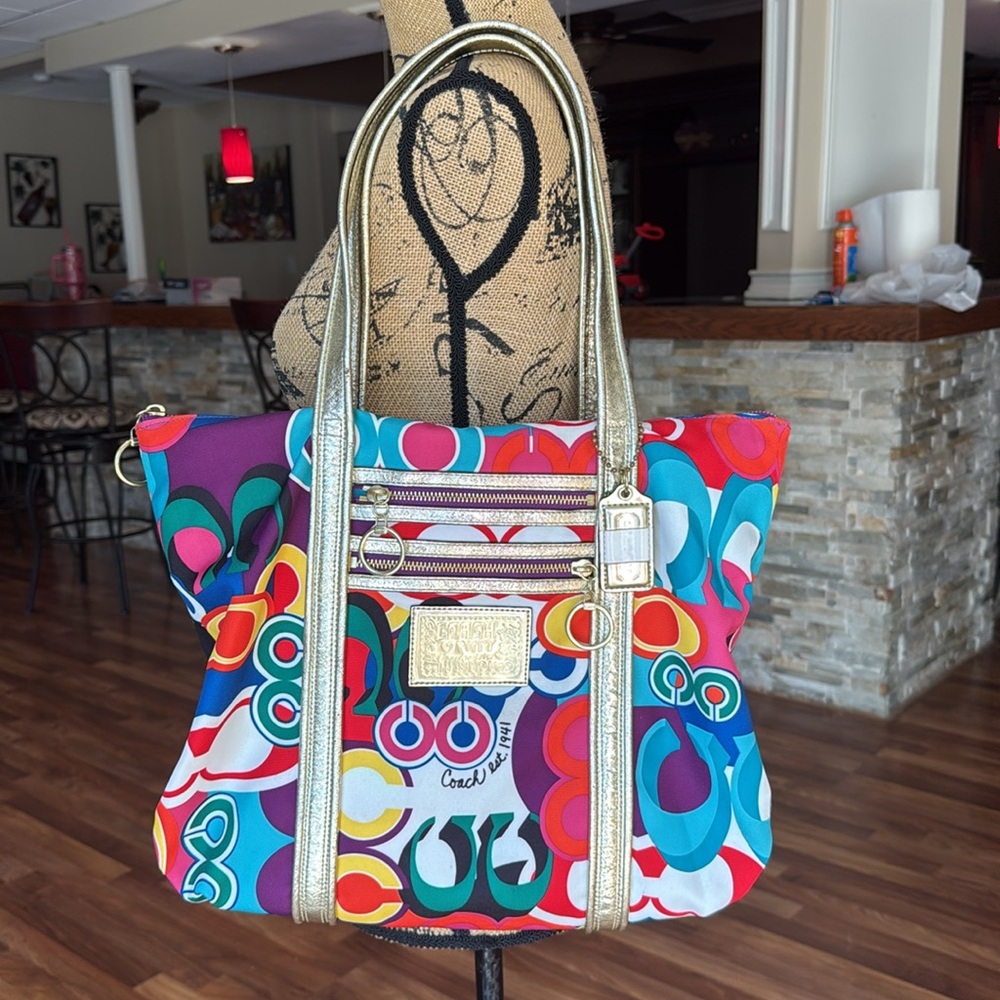 RARE Y2K Coach poppy tote bright and vibrant colors with gold accents - Picture 2 of 10